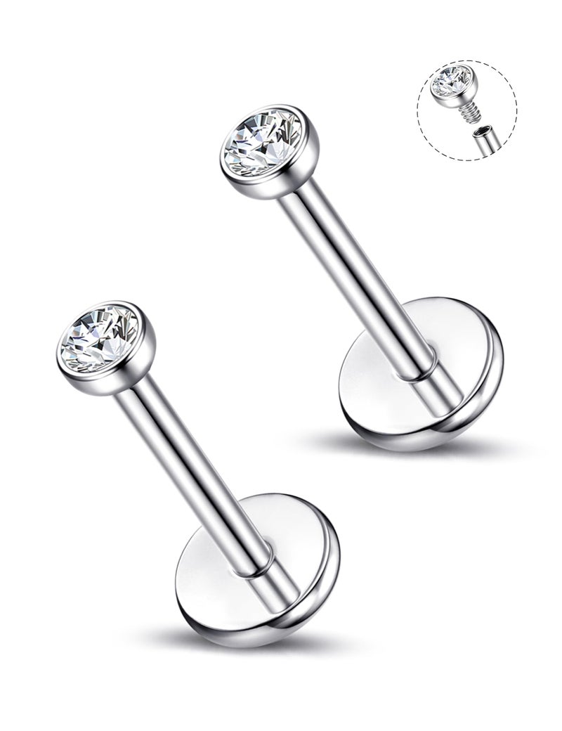 ORAZIO Silver Flat Back Stud Earrings, 18G 316L Surgical Steel Internal Thread CZ Studs Hypoallergenic Conch Cartilage Helix Tragus Piercing Jewelry Lip Labret Medusa Nose Studs for Women Men S 8 - Image 1